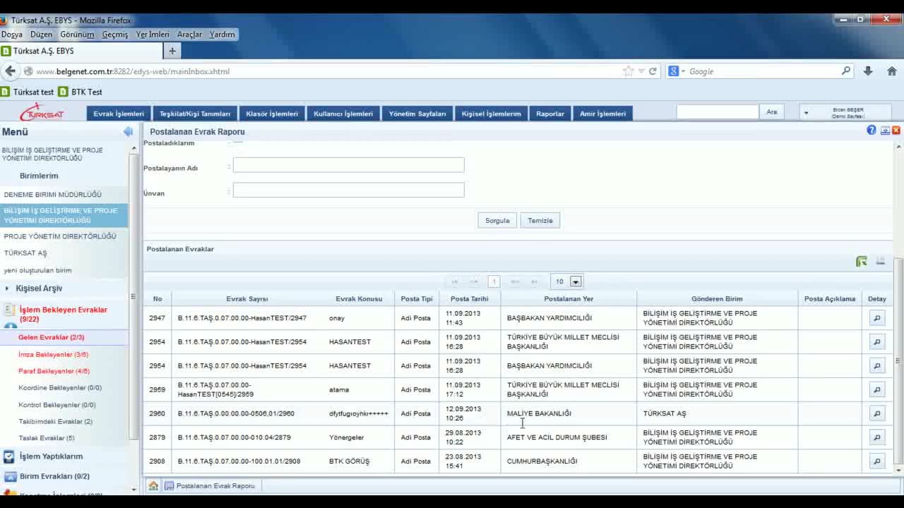Postalanan Evrak Raporu