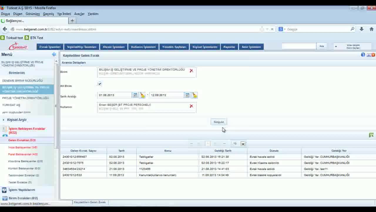 Kaydedilen Gelen Evrak Raporu