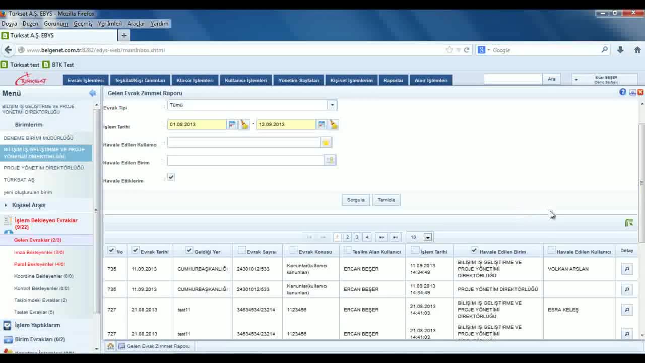 Gelen Evrak Zimmet Raporu